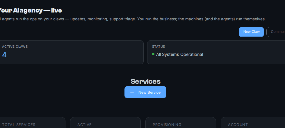 Your Claw Way dashboard — AI agents at work on your server, kept running by real people
